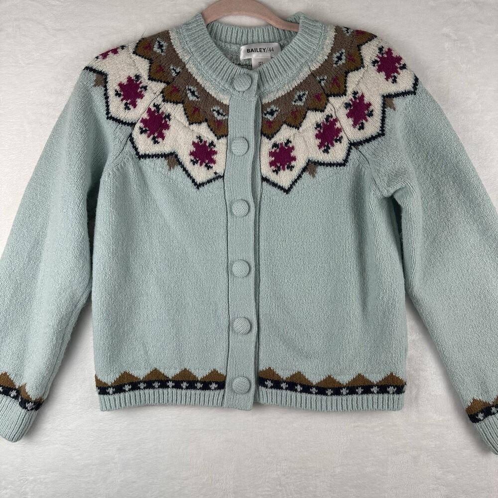 Bailey 44 Women’s S Fair Isle Nordic Cardigan Sweater Seafoam Blue Button Front